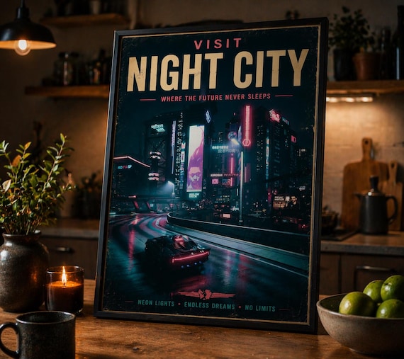 Night City Travel Poster | Cyberpunk Wall Art | Neon City Print | Retro Futuristic Decor | Sci-Fi Poster | Gamer Room Wall Art
