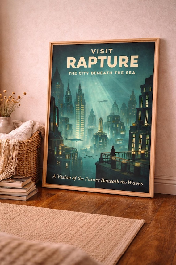 Rapture Travel Poster | Underwater City Wall Art | Vintage Sci-Fi Print | Art Deco Ocean Poster | Retro Futuristic Decor | Gamer Gift