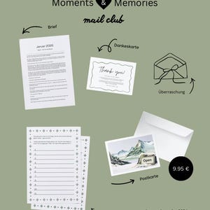 Mail Club: Monatlicher Brief mit Postkarte, Reflexionsfrage, Mini-Aufgabe und kleiner Überraschung