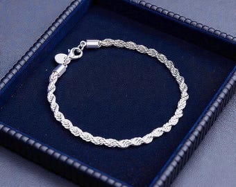 Pulsera de cadena de plata de ley de 4 mm para hombre, pulsera de cuerda de plata maciza 925, regalo de joyería unisex.