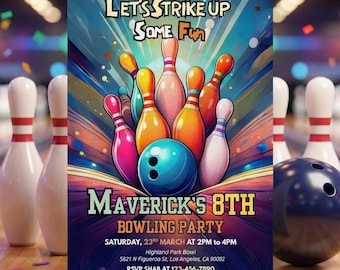 Bearbeitbare Neon Bowling-Geburtstags-Einladung: Glow in the Dark Boys Party Template