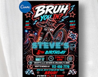 Motocross Birthday Invitation, Neon Dirt Bike Party Invite, Editable Canva Template (Digital Download)