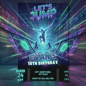 Close-up detail shot of the neon 'Let's Jump' typography and geometric wireframe graphics on a dark background, highlighting high-resolution quality