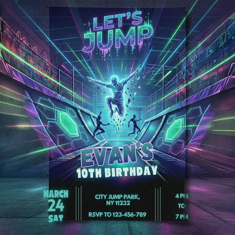 Close-up detail shot of the neon 'Let's Jump' typography and geometric wireframe graphics on a dark background, highlighting high-resolution quality