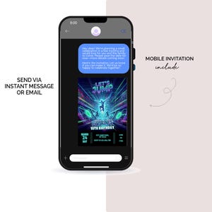 Smartphone screen displaying the neon trampoline invitation sent as a text message, showing the mobile-friendly format perfect for SMS or WhatsApp sharing