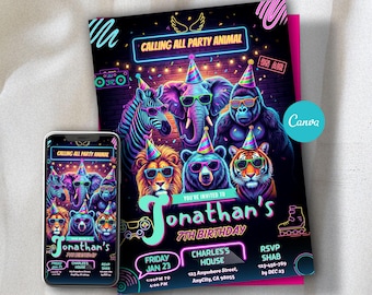 Neon Tiere Geburtstag einladen, Glow Jungle Theme Invite, Zoo Disco Party, bearbeitbare Canva Vorlage
