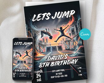 Neon Trampolin Geburtstagseinladung: Bearbeitbare Jump Park Party einladen