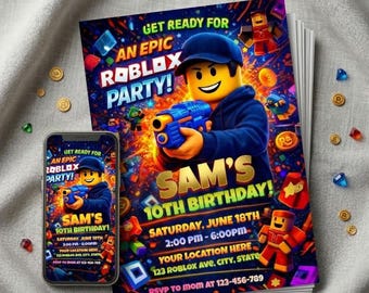 Roblox Geburtstagseinladung, Neon-Videospiel-Party einladen, Block-Charakter Vorlage (Digitaler Download)