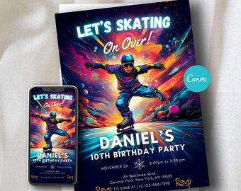 Bearbeitbare Eislaufen-Geburtstagseinladung: Bunte Winter-Eisbahn-Party-Vorlage für Jungen