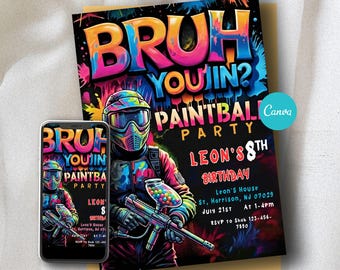 Bearbeitbare Neon Paintball-Geburtstagseinladung: Graffiti-Aktionsparty einladen, Canva Download