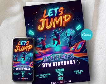 Neon Trampolin Einladungskarte | Glow Jump Party einladen | Bearbeitbare Canva Vorlage