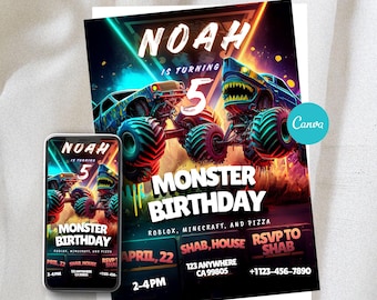 Bearbeitbare Neon Monstertruck Geburtstagseinladung | Haifisch-Auto-Party Canva Vorlage | Sofortiger digitaler Download
