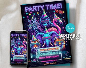 Neon Graffiti Tiere Geburtstagseinladung | Glow Party, Street Art (Canva Vorlage)