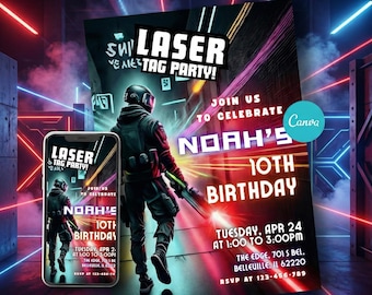 Neon Laser-Tag-Geburtstagseinladung: Bearbeitbare Glow Party-Vorlage für Kinder