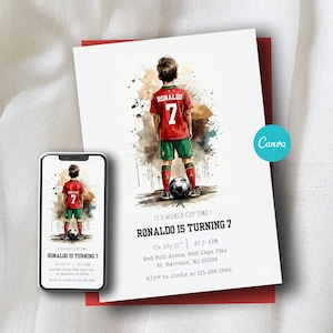 May include: A birthday invitation featuring a watercolor illustration of a soccer player in a red jersey with the name "Ronaldo" and the number 7. The invitation includes the text "Ronaldo is turning 7" and event details.