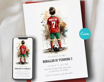 Bearbeitbare Fußball-Geburtstagseinladung: WM Jungen-Thema - Canva Vorlage