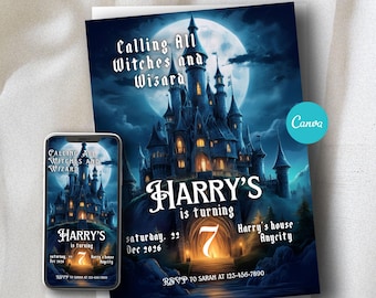 Bearbeitbares Zauberer-Hexenschloss-Geburtstags-Einladung | Schwarz & Blau | Leinwanddruck