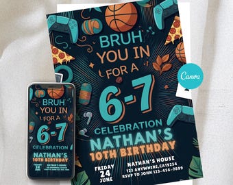 Bearbeitbar Tween Geburtstagseinladung | Gaming, Basketball & Pizza Party, Instant Download