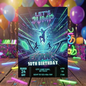 Mockup of a neon glow party invitation standing on a wooden table with balloons and glow sticks in the background, showing a fun boy's party theme.