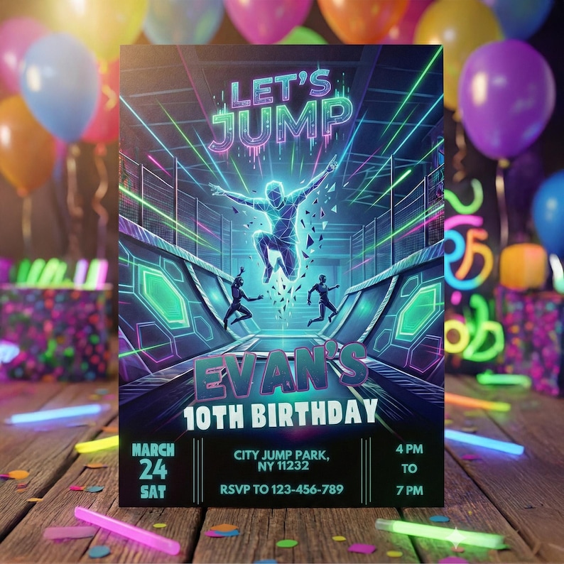 Mockup of a neon glow party invitation standing on a wooden table with balloons and glow sticks in the background, showing a fun boy's party theme.