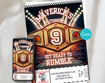 Boxticket-Geburtstagseinladung: Bearbeitbare Wrestling-Meisterschafts-Party-Vorlage, sofortiger Download