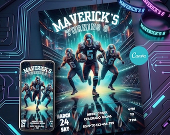 Bearbeitbare Fußballparty einladen, Geburtstagseinladung für Rugbysport, Neon Stadion Kids Canva Design