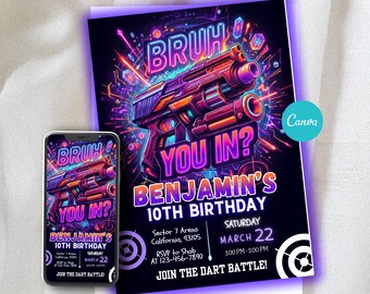 Neon Dart War Einladungsvorlage. Bearbeitbare Geburtstagseinladung für Jungen. Sofort Download. 13x18cm