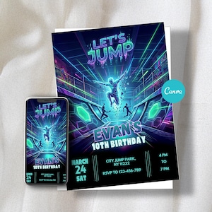 Neon Trampoline Park Birthday Invitation Boy, Editable Glow Jump Party Template, Bounce House image 1