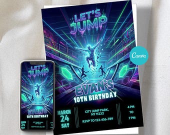 Neon Trampolin Park Geburtstagseinladung Junge, bearbeitbare Glow Jump Party Vorlage, Hüpfburg