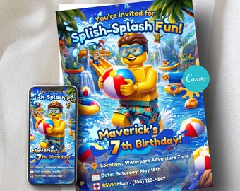 Bearbeitbare Gebäude Block Pool Party Geburtstagseinladung - Digitale Vorlage