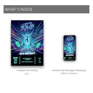 Side-by-side comparison of a printable 5x7 inch neon trampoline invitation and a mobile-sized 1080x1920 pixel version on a smartphone screen.