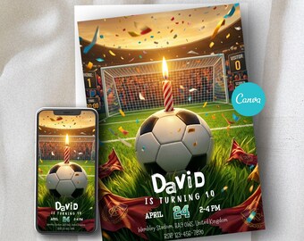 Bearbeitbare Fußball-Geburtstagseinladung, Fußballparty einladen, digitales Sportthema druckbar: Canva-Vorlage