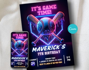 Bearbeitbare Neon Baseball-Geburtstagseinladung | Leuchtende Fledermäuse & Ball | Jungen Sportparty, Canva Vorlage