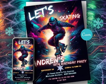Neon Eislaufen Geburtstagseinladung, Glow Skate Party Vorlage (Digitaler Download)