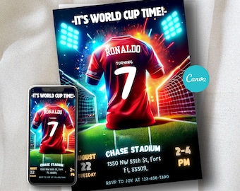 Bearbeitbare Fußball-Geburtstagseinladung | WM Fußball Party einladen | Neon Sport Jersey Vorlage