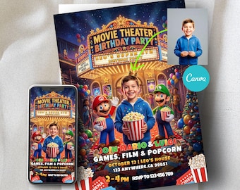 Kino-Geburtstags-Einladung, Mario Luigi Kino-Party (Digitaler Download)