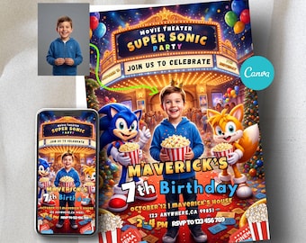 Sonic Movie Theater-Geburtstagseinladung - Bearbeitbare digitale Vorlage