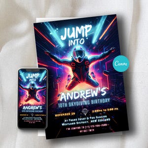 May include: A birthday invitation and a smartphone display with a skydiver in a neon cityscape. The invitation says "JUMP INTO" and "ANDREW'S 10TH SKYDIVING BIRTHDAY". The design includes a Canva logo.