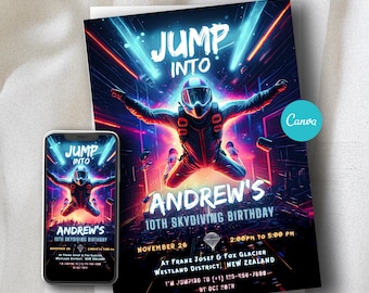 Fallschirmspringen Geburtstagseinladung | Futuristisches Neon-Thema, bearbeitbare digitale Vorlage, Sofort-Download