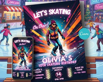 Bearbeitbar Neon Eislaufen Party einladen | Skater & Bunte Lichterspuren | Canva Vorlage