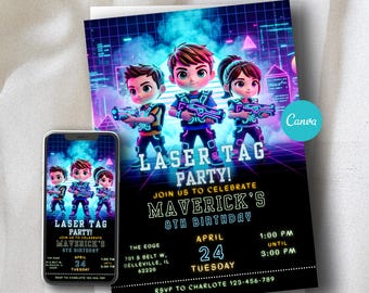 Neon Laser Tag Geburtstagseinladung: Bearbeitbare Glow Party Vorlage, Sofort Download