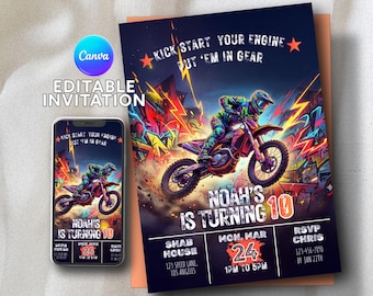 Neon Dirt Bike Geburtstagseinladung, Motocross Extremsport, Graffiti Kunst, bearbeitbare Canva Vorlage Junge