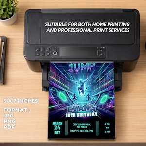 Printer mockup showing the neon trampoline birthday invitation being printed on a home printer, suitable for 5x7 inch paper formats like JPG or PDF.