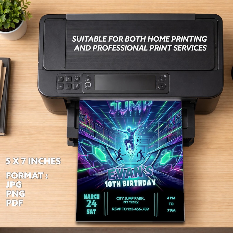 Printer mockup showing the neon trampoline birthday invitation being printed on a home printer, suitable for 5x7 inch paper formats like JPG or PDF.