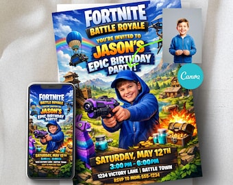 Schlacht Royale Geburtstagseinladung mit Foto, Gamer Boy Party einladen, bearbeitbare Canva Vorlage