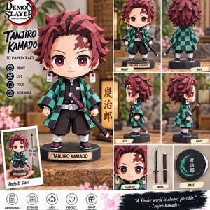 May include: A 3D papercraft figure of Tanjiro Kamado from Demon Slayer, featuring a green and black checkered haori, dark uniform, and red-tipped hair. The set includes a sword, a circular base, and instructions for print, cut, and assembly.