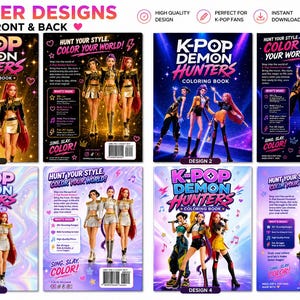 以下が含まれることがあります： 「K-Pop Demon Hunters」の塗り絵本の4種類の表紙デザイン。各デザインは、さまざまな衣装の様式化された人物のイラストを特徴としています。表紙には「Hunt Your Style, Color Your World!」と書かれています。
