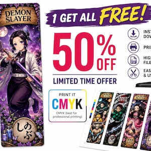 May include: A bookmark featuring a character from "Demon Slayer" with a sword, surrounded by purple flowers. The image includes text and a promotional offer of 50% off, with options to print at home.