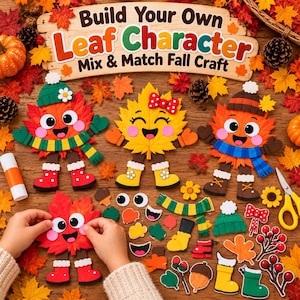 May include: A Build Your Own Leaf Character mix and match fall craft kit featuring various felt leaf shapes, googly eyes, colorful hats, scarves, boots, and accessories to create whimsical characters, displayed with craft glue and scissors.