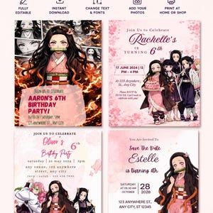 May include: An editable digital birthday invitation template featuring anime-style characters with pink cherry blossom accents. The design includes text fields for names like Rachelle, Aaron, Oliver, and Estelle, along with event dates, times, and locations.